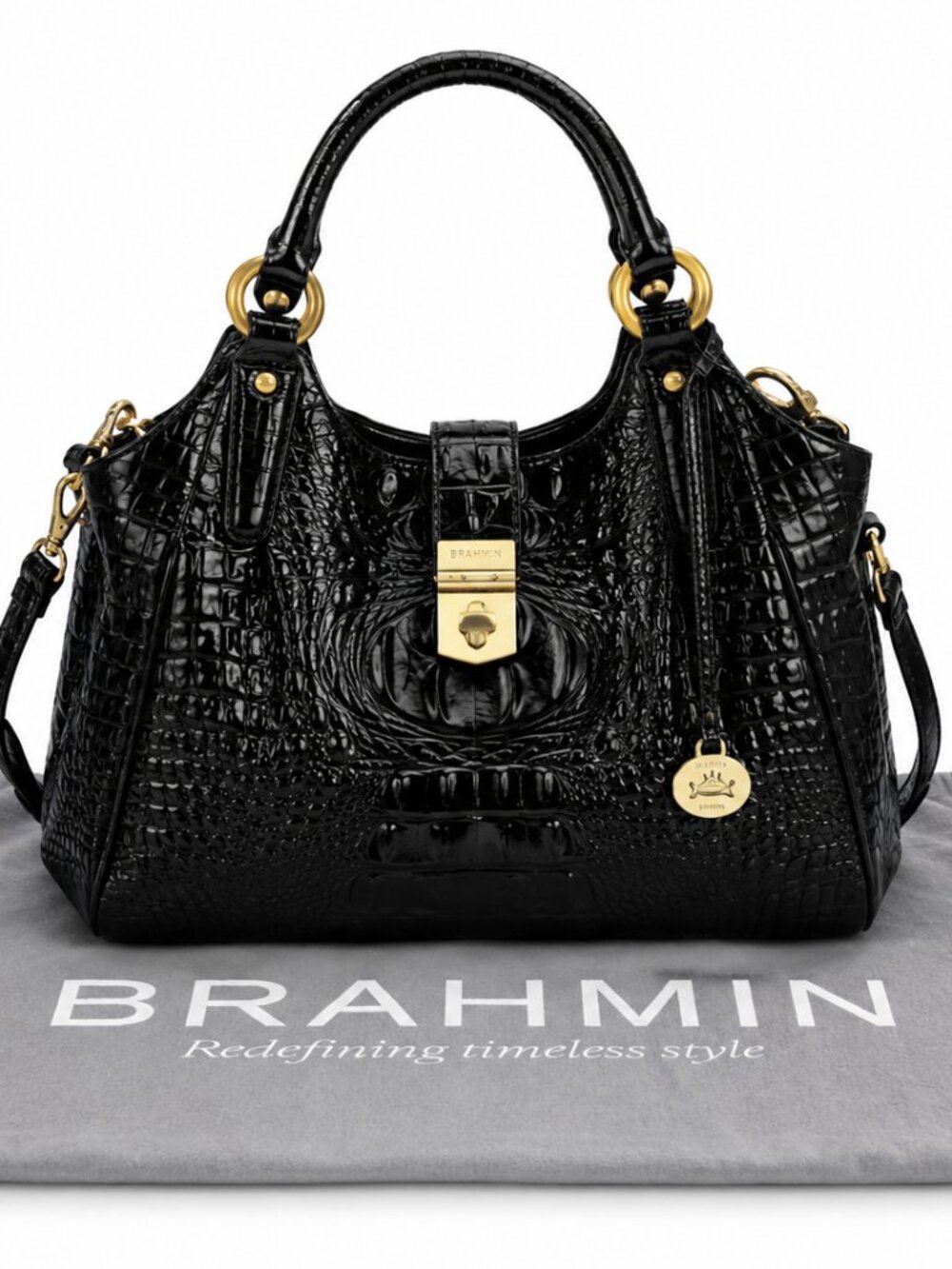 Brahmin Elisa Hobo Black Melbourne Croc-Embossed Leather Turn-Lock Satchel